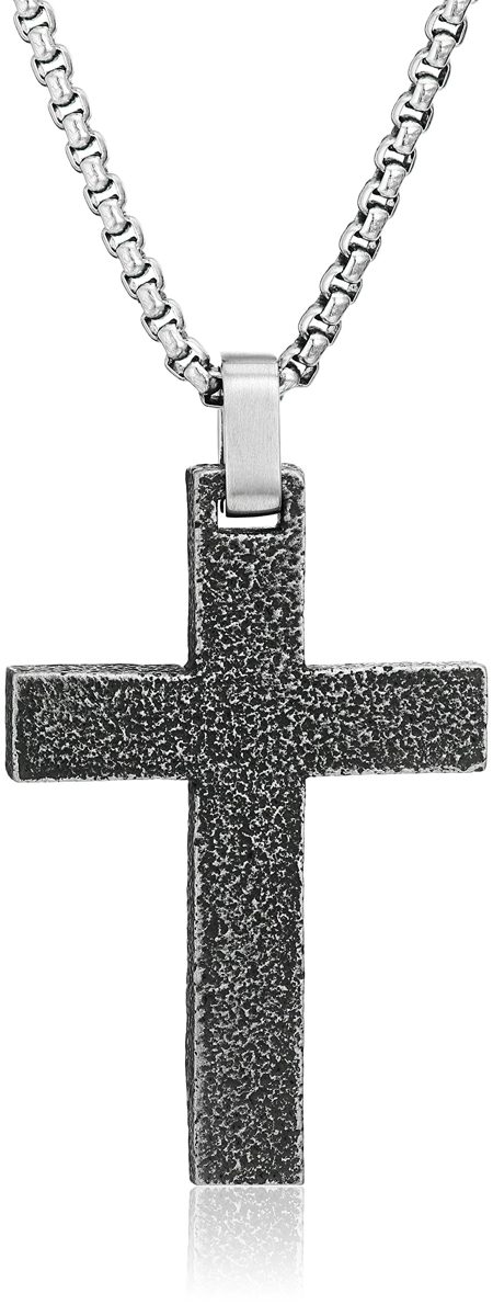 Men's Stainless Steel Antique Finish Cross Pendant on a Round Box Chain Pendant Necklace, 24"