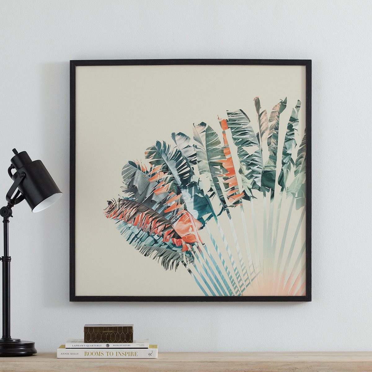 Amazon Brand – Stone & Beam Modern Turquoise and Orange Palm Print in Black Frame, 30" x 30"