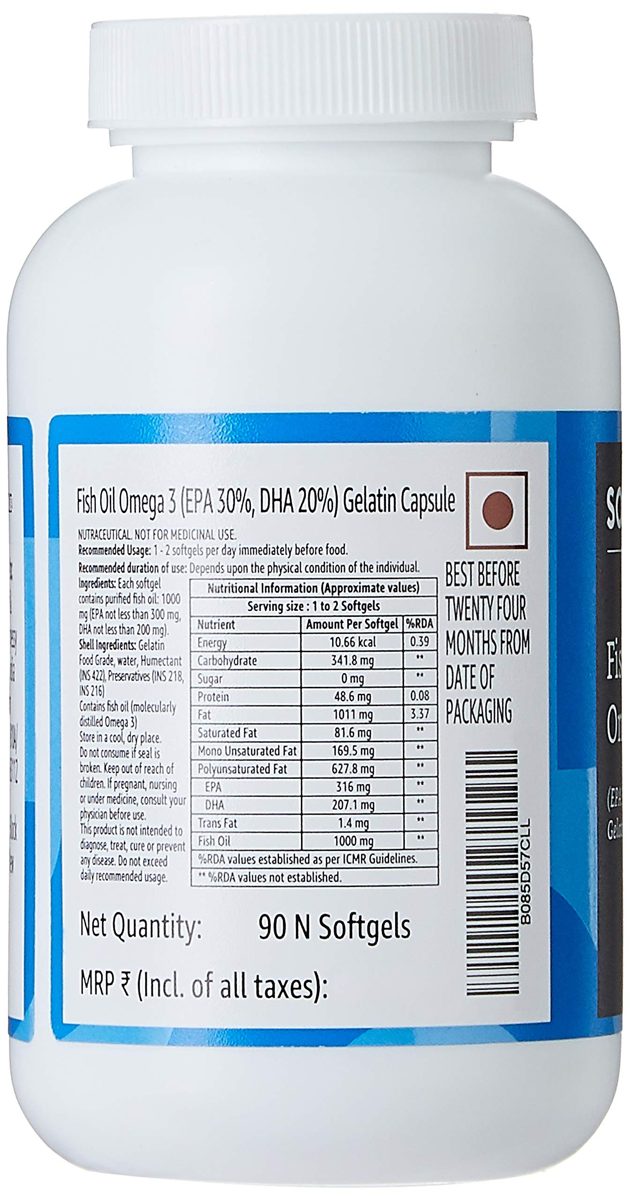 Amazon Brand – Solimo Omega-3 Fish Oil 1000mg (EPA : 300mg, DHA : 200mg) - 90 Softgels