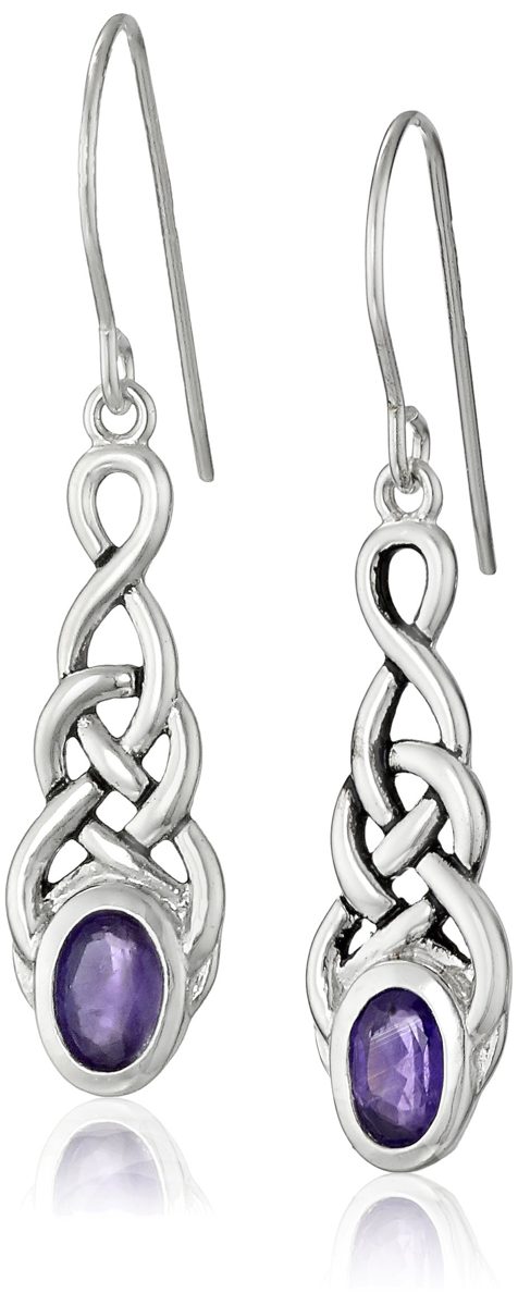 Sterling Silver Genuine African Amethyst Celtic Knot Linear Drop Earrings