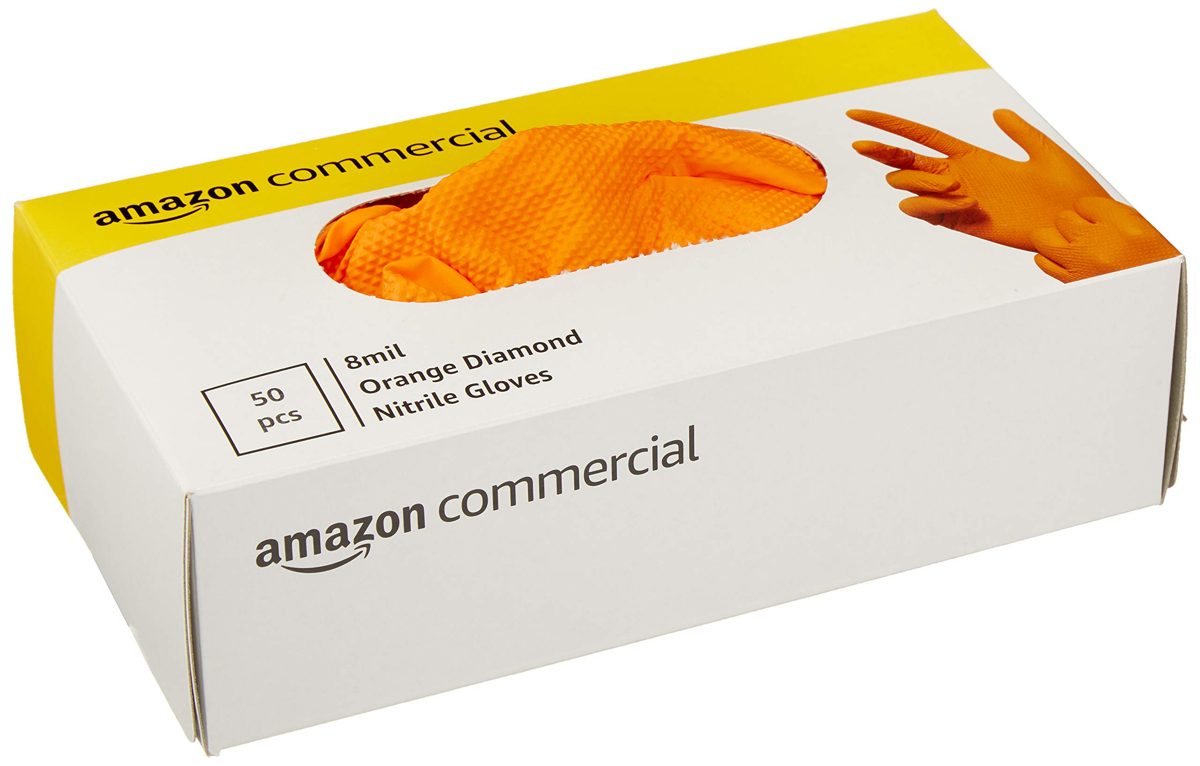 AmazonCommercial Powder Free Disposable Nitrile Gloves, 8 mil, Orange, Diamond Textured, 240 mm Size XXL, 500 (10 Boxes of 50)