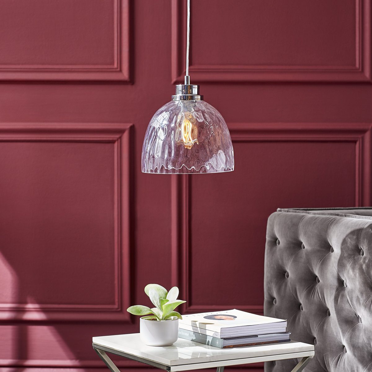 Amazon Brand – Rivet Glass Bowl Pendant Lamp, Modern Textured, W/Bulb, 13"-60"H, Chrome
