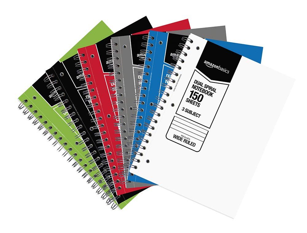 AmazonBasics Wide Ruled Wirebound 3-Subject 150-Sheet Notebook - Pack of 3, 10.5 x 8 Inch, Black/Red/White