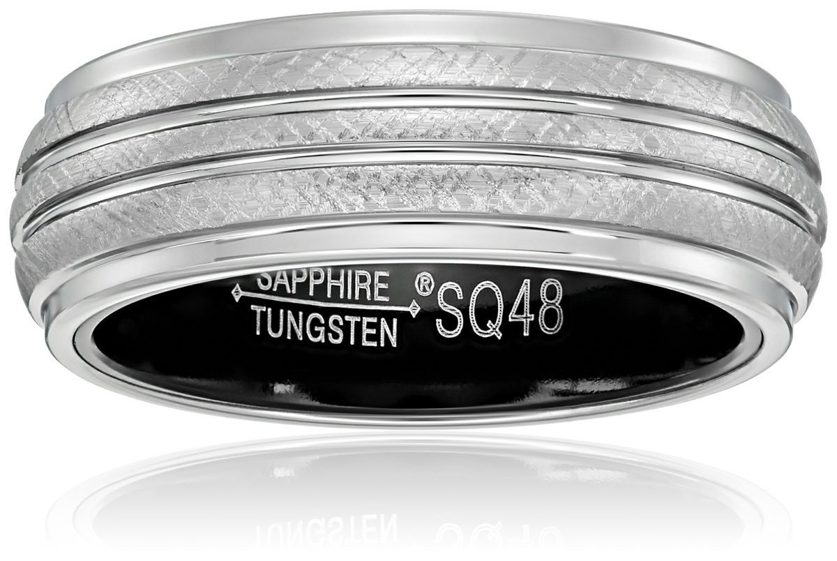 Men's Sapphire Tungsten Subtle Grooved Crosshatch Design 8mm, Titanium with Black PVD Interior, Comfort Fit Wedding Band, Size 11.5