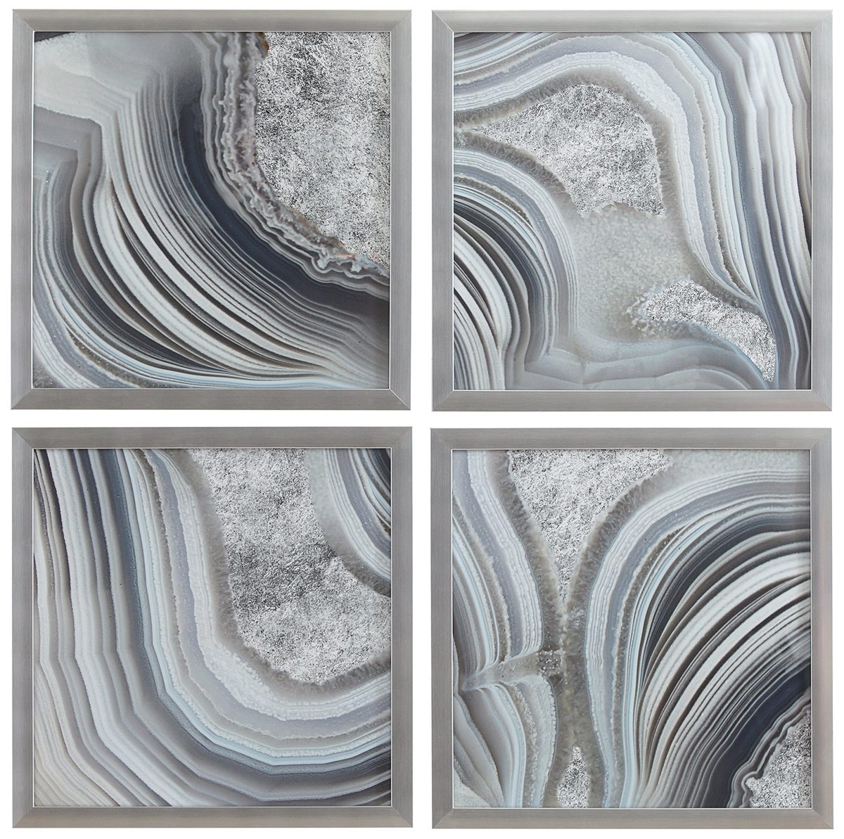 Amazon Brand – Rivet Set of 4 Silver Geodes Prints Wall Art Decor in Silver Frames, 12" x 12" Each, 24" X 24" Overall