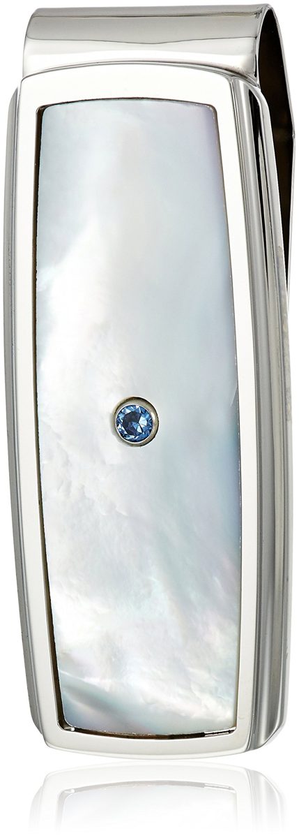 Men's Stainless Steel Mother of Pearl Inlay with Created Sapphire Accent Money Clip