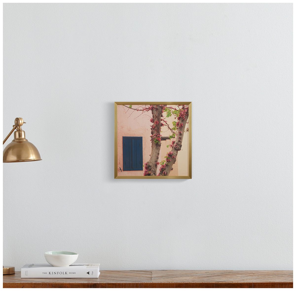 Amazon Brand – Rivet Pink Tree Blossoms at the Villa Photo Print Wall Art, Gold Wood Frame, 12" x 12"