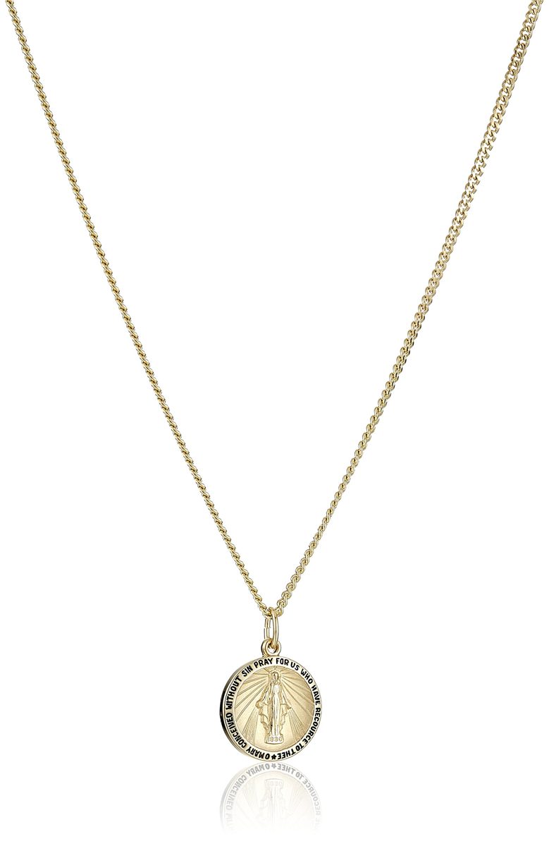 14k Gold-Filled Round Miraculous Medal Madonna Pendant Necklace with Stainless Steel Chain, 20"