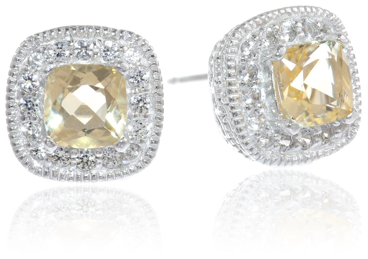 Sterling Silver Genuine Citrine and Created White Sapphire Halo Cushion Stud Earrings