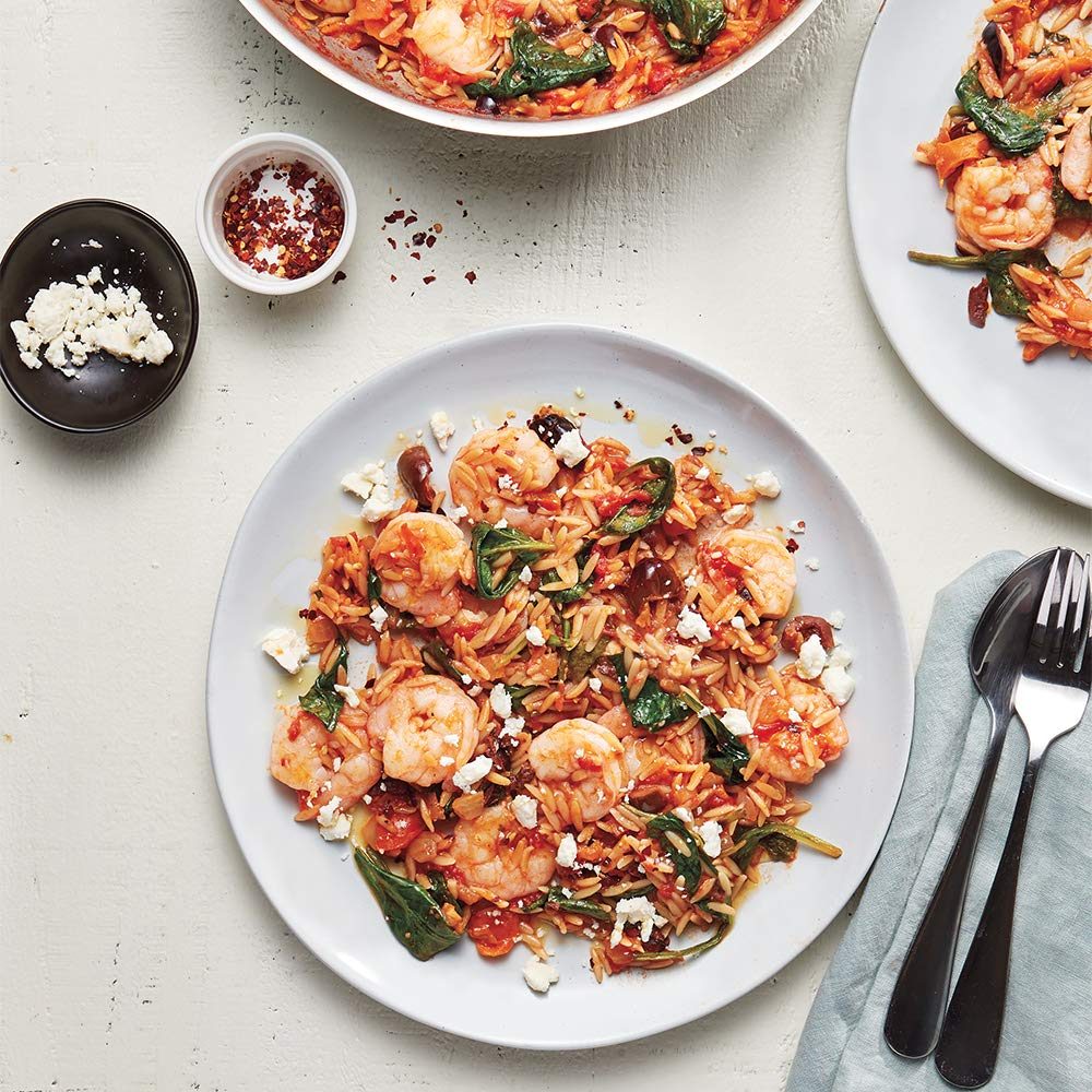 Amazon Meal Kits, One-Pot Shrimp Orzo with Red Sauce, Feta & Spinach, Serves 2