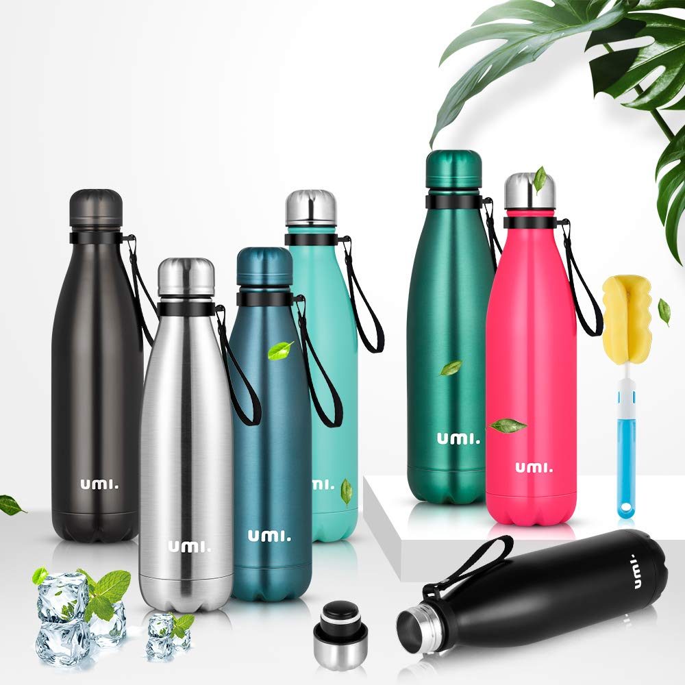 UMI. by Amazon Water Bottle in Stainless Steel / 750 ml or 500 ml / Vacuum Insulated Thermos Bottle / BPA-Free / Leak-Proof / Water Bottle for Sports, Outdoors, Office or School, 500ml, dark green