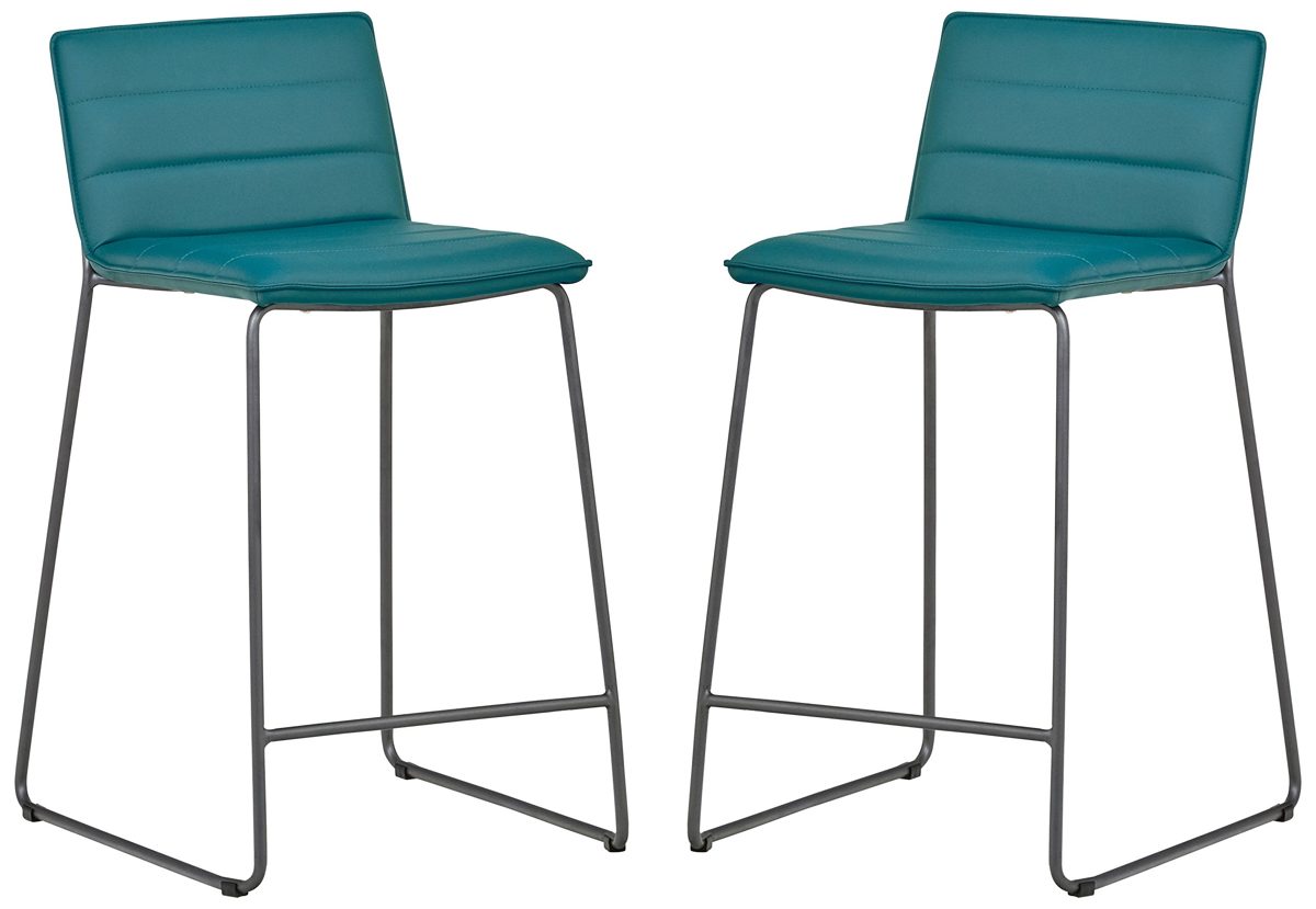 Amazon Brand – Rivet Julian Minimalist Modern Tufted Dining Room Counter Height Bar Stools, Set of 2, 34.3 Inch Height, Synthetic Leather, Aqua Blue