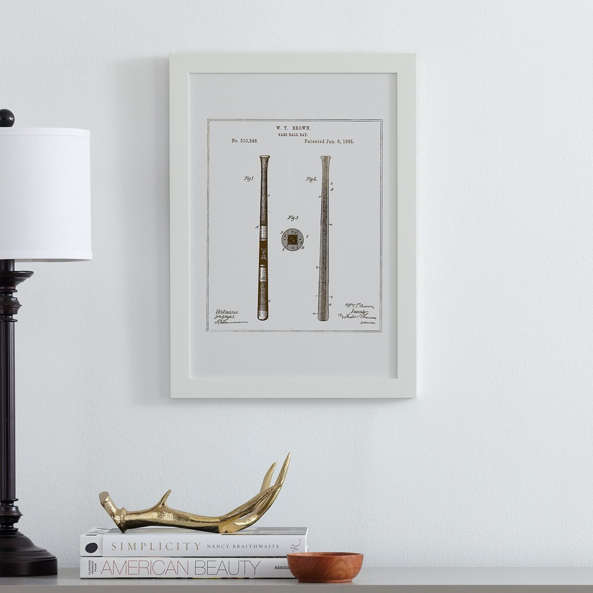 Amazon Brand – Stone & Beam Modern Gold Print of 1885 Baseball Bat Patent, White Frame, 15" x 21"