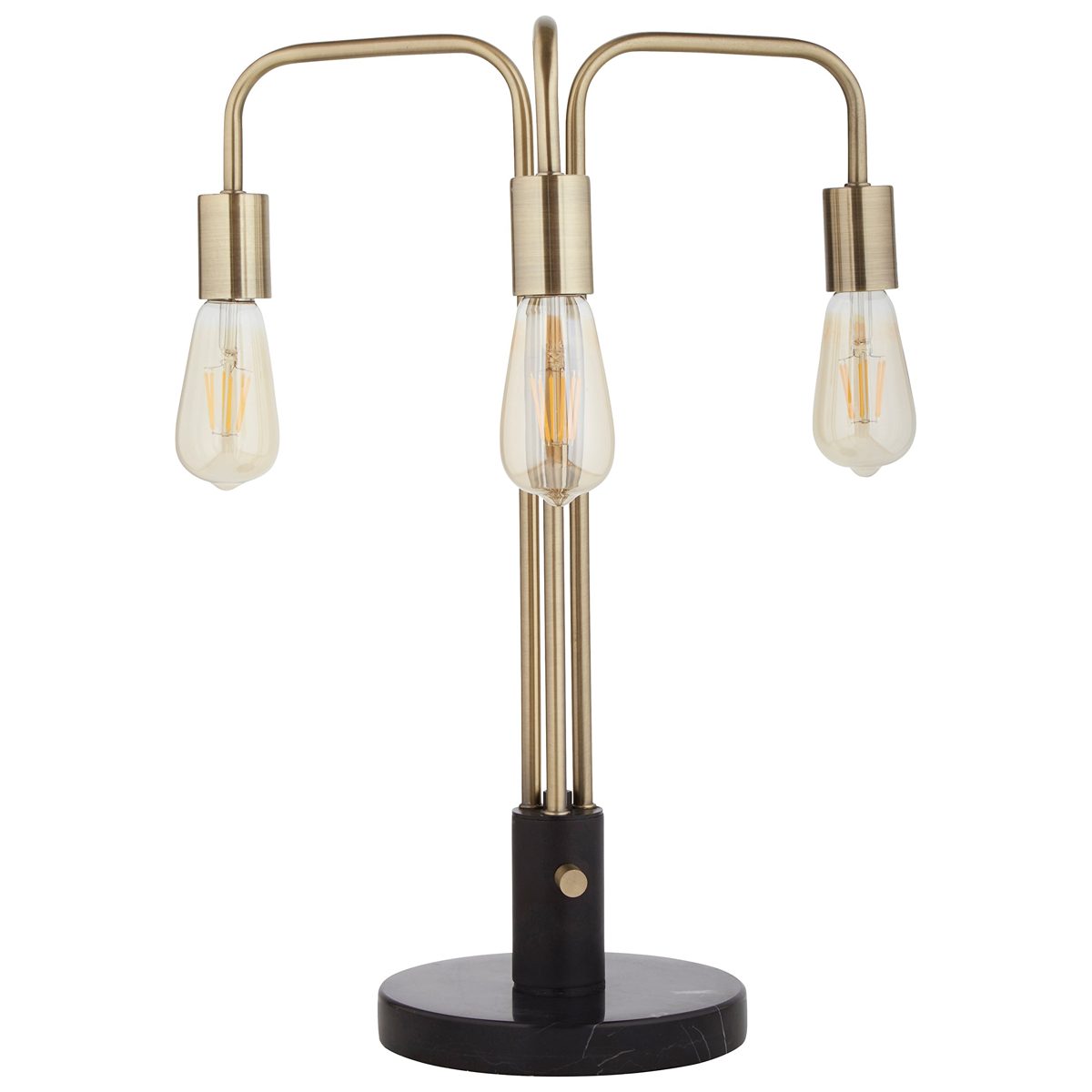 Rivet Theory Edison Bulb 3-Arm Table Lamp, with Bulbs, Black and Brass, 21.5" x 14" x 14"