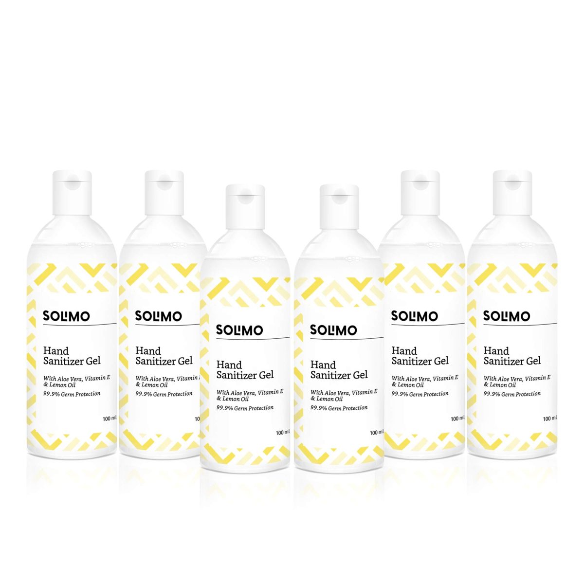 Amazon Brand - Solimo Hand Sanitizer Gel with Aloe vera, Vit E & Lemon Oil - 100 ml - Pack of 6