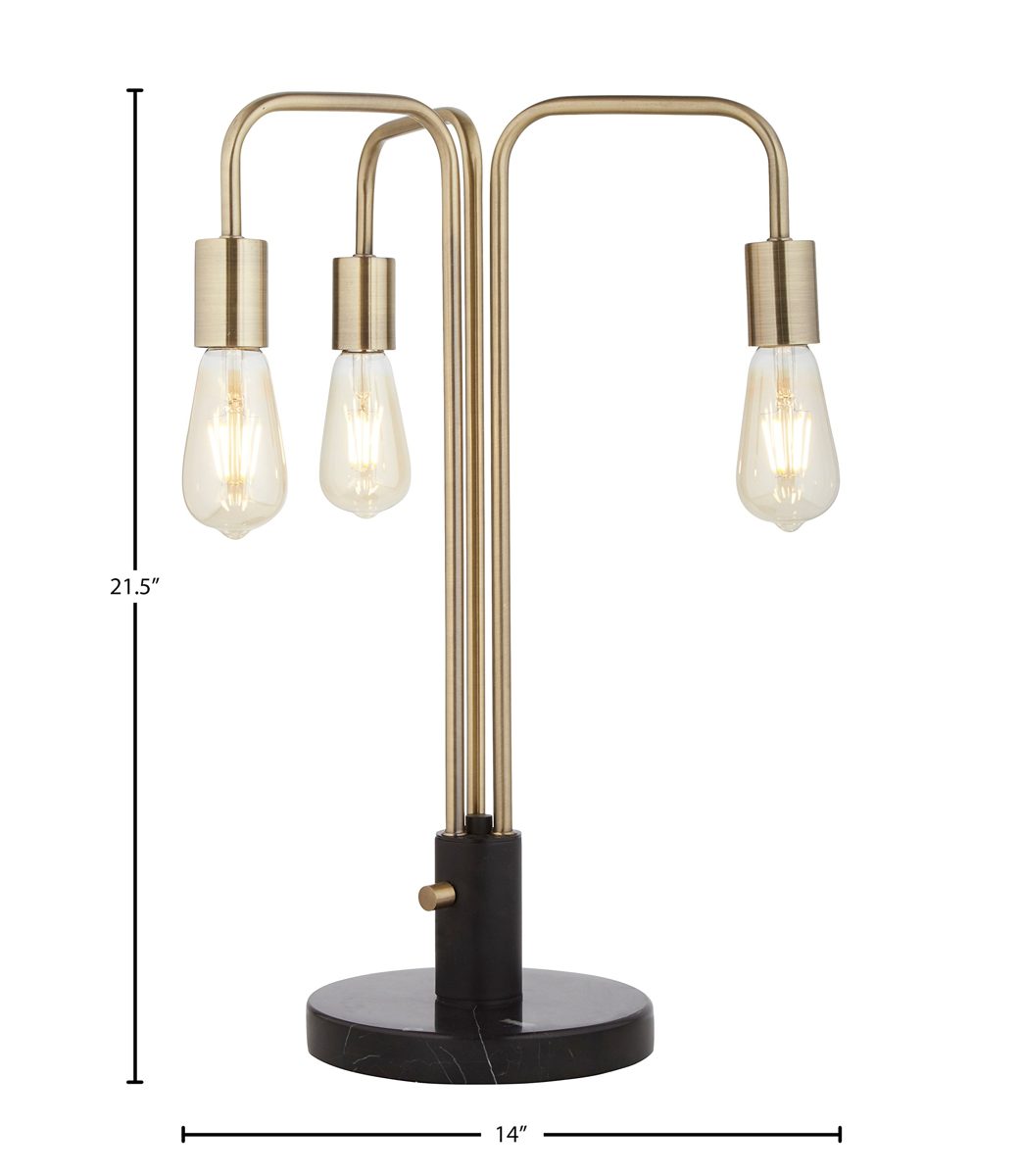 Rivet Theory Edison Bulb 3-Arm Table Lamp, with Bulbs, Black and Brass, 21.5" x 14" x 14"