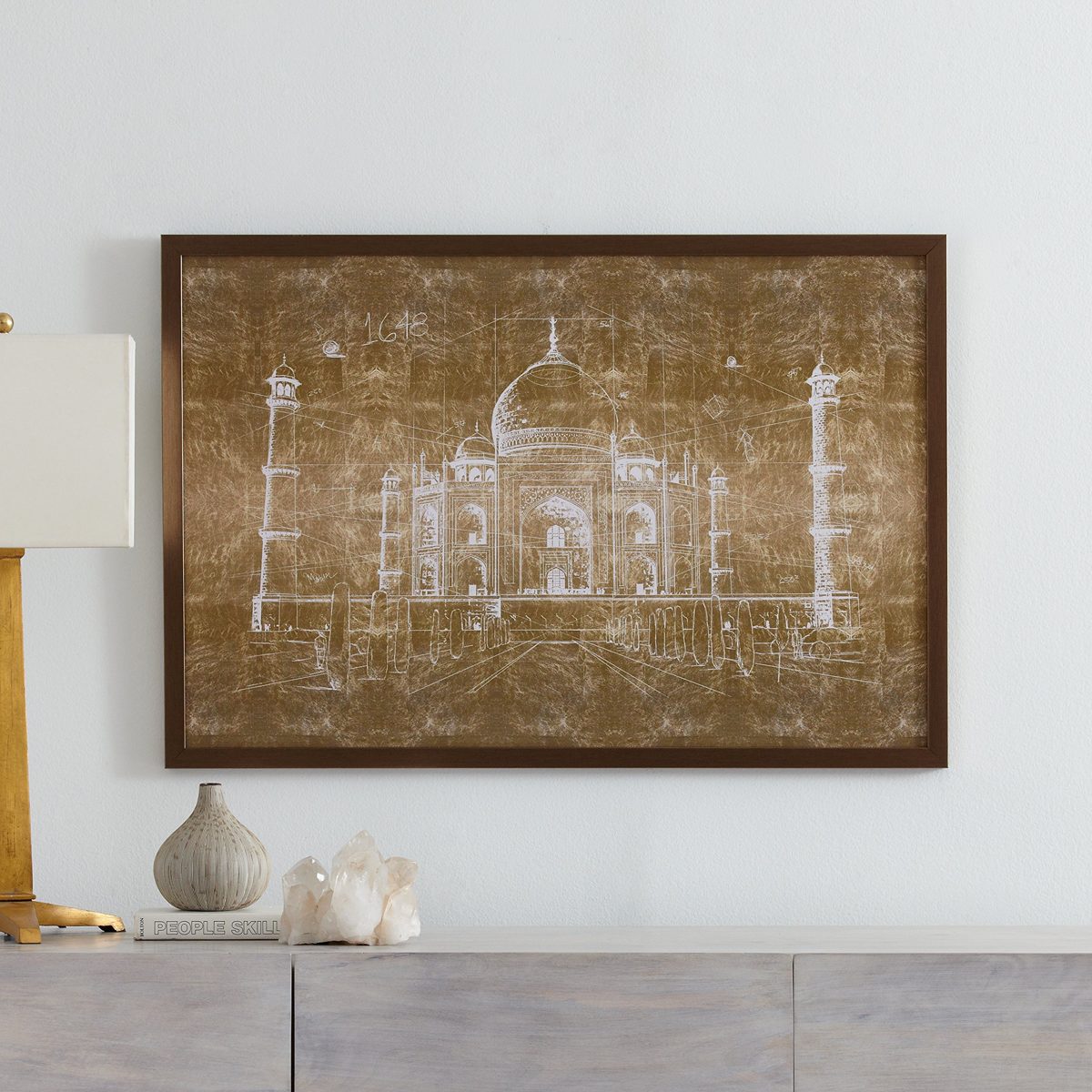 Amazon Brand – Rivet White on Bronze Print of Taj Mahal Wall Art, Bronze Frame, 32" x 22"