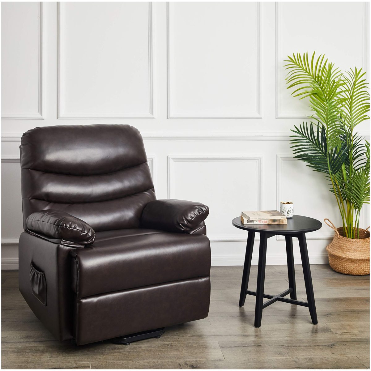 JC Home Sabadell Wall-Hugger Power-Lift Recliner with Faux-Leather Upholstery, Burnt Brûlée