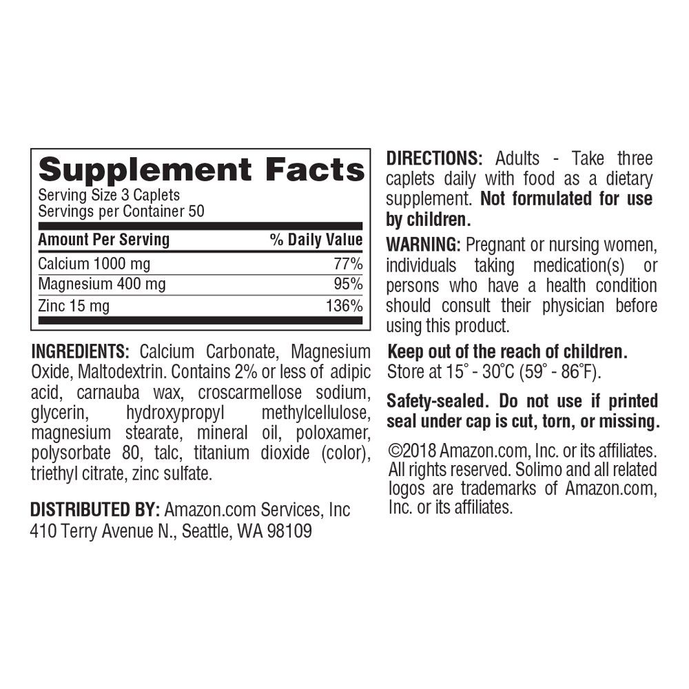 Amazon Brand - Solimo Biotin 5000 mcg, 300 Tablets, Value Size - Ten Month Supply & Solimo Calcium, Magnesium & Zinc, Calcium 1000 mg, Magnesium 400mg, Zinc 15mg per Serving (3 Caplets), 150 Caplets