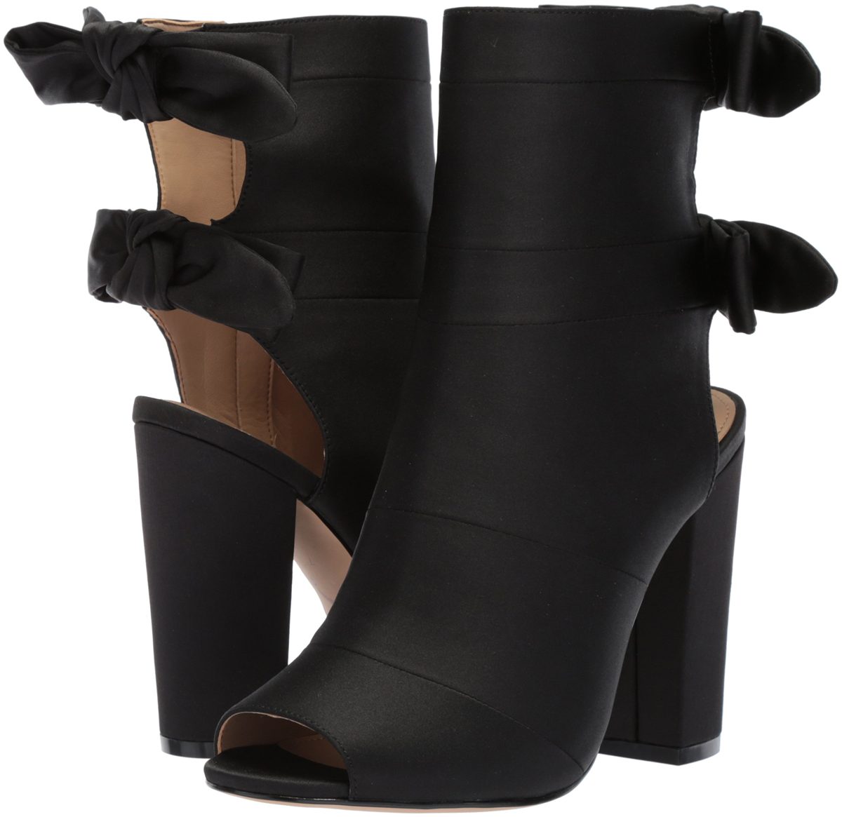 Amazon Brand - The Fix Women's Phoebe Open Toe Block Heel Bootie with Bow Detail Ankle Boot, Black Satin, 6.5 B US