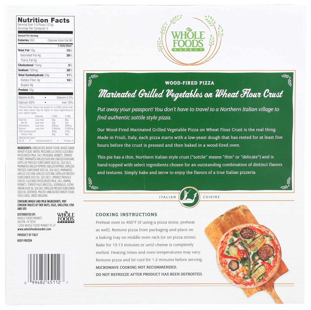 Whole Foods Market, Marinated Grilled Vegetables on Wheat Flour Crust Wood-Fired Pizza, 13.4 oz, (Frozen)