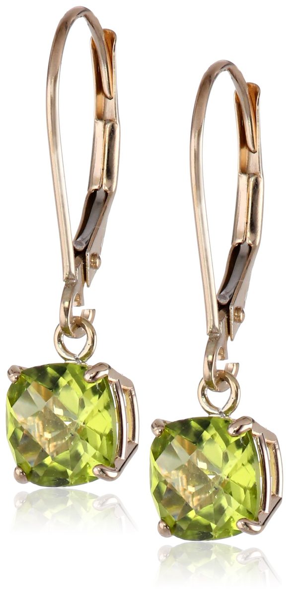 10k Yellow Gold Cushion-Cut Checkerboard Peridot Leverback Earrings (6mm)