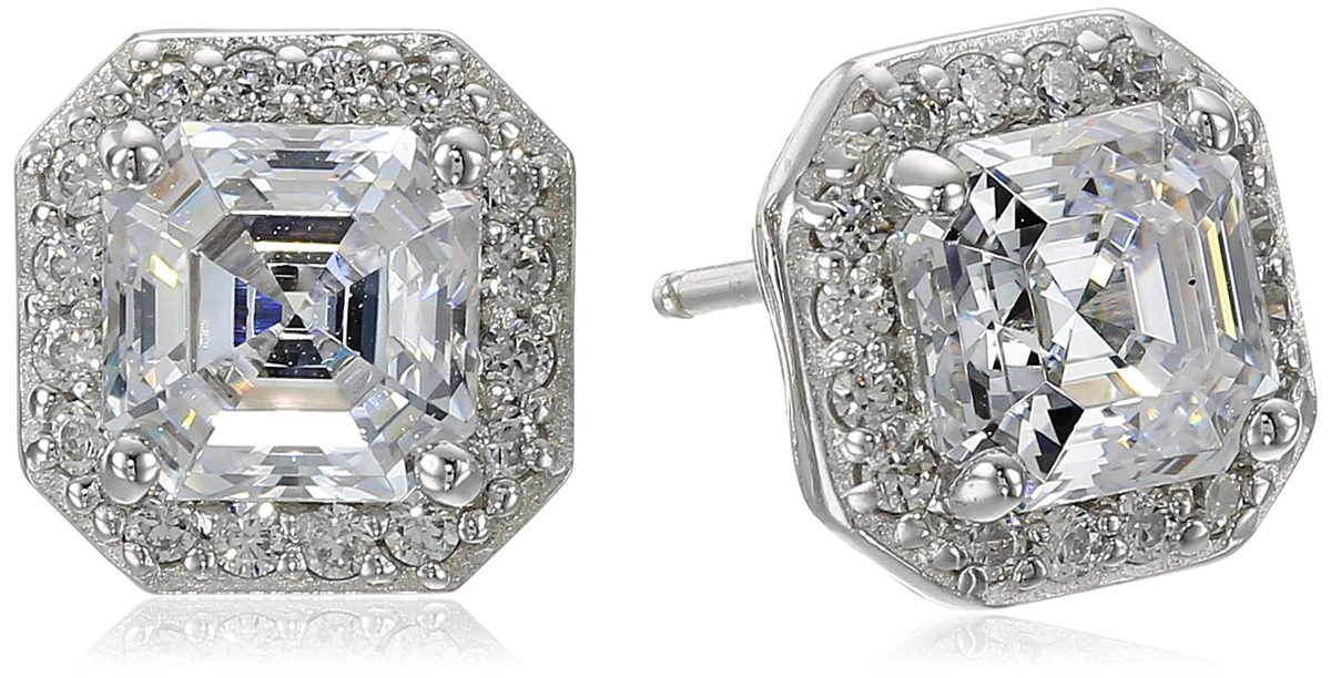 Platinum Plated Sterling Silver Halo Earrings set with Asscher Cut Swarovski Zirconia (1 cttw)