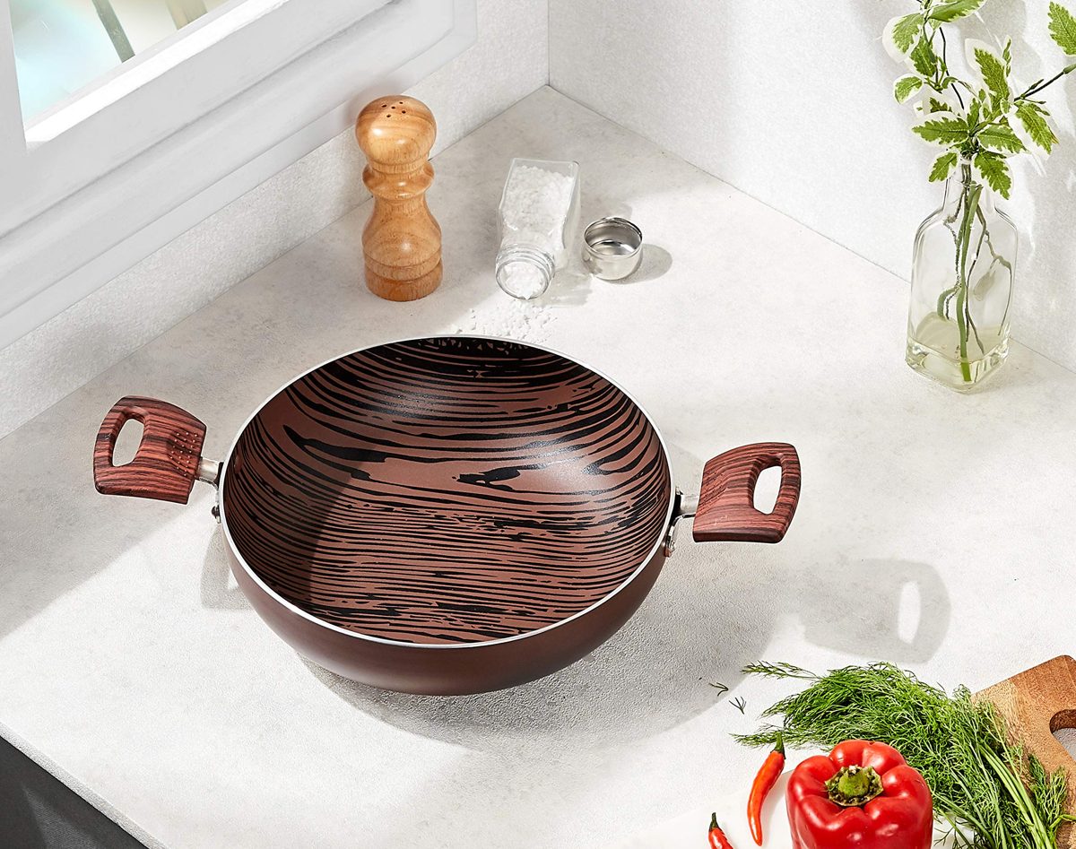 Amazon Brand - Solimo Non Stick Kadhai (24cm, Wooden finish, 4 layer coating)