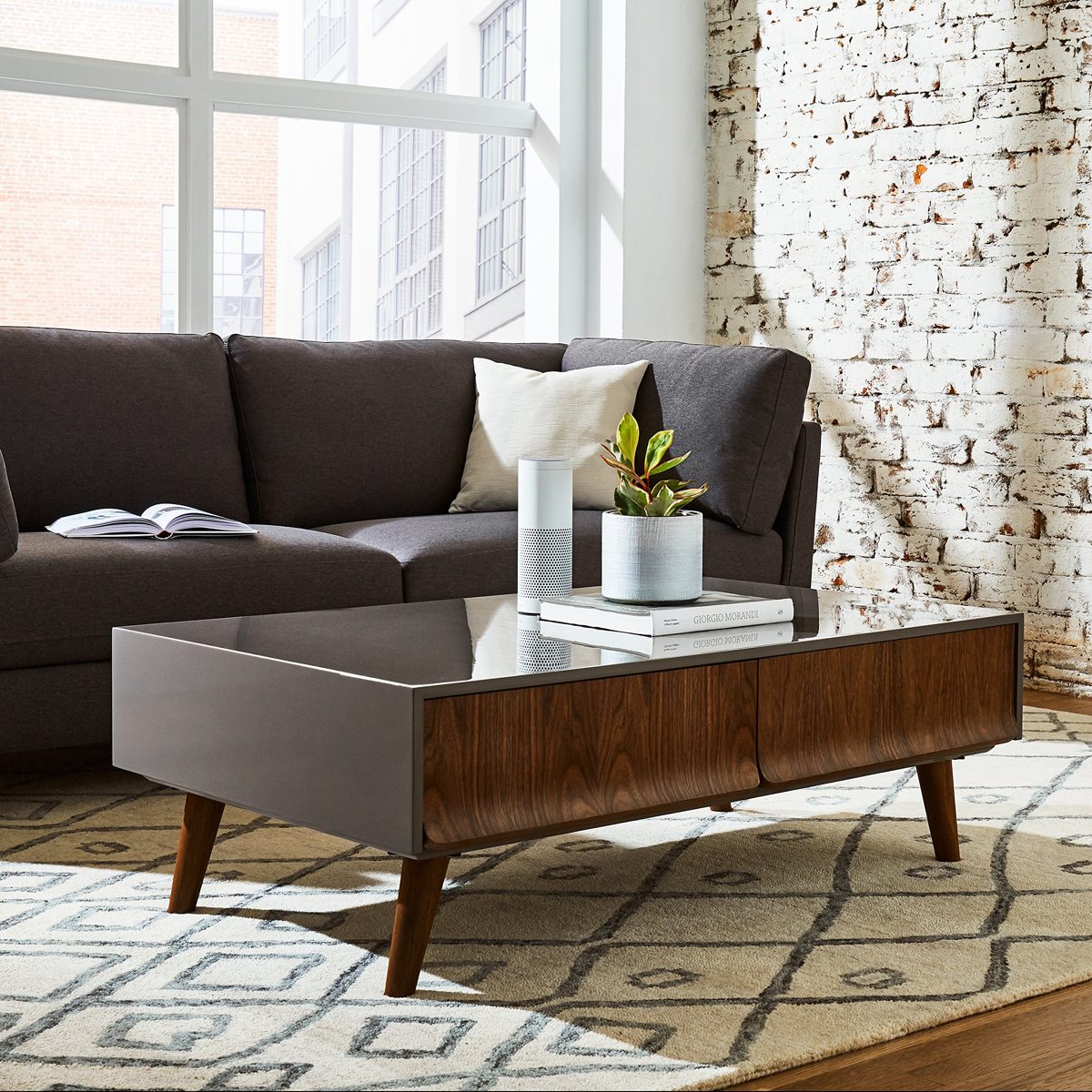 Amazon Brand – Rivet Mid-Century Lacquer Two-Drawer Coffee Table, Grey and Walnut