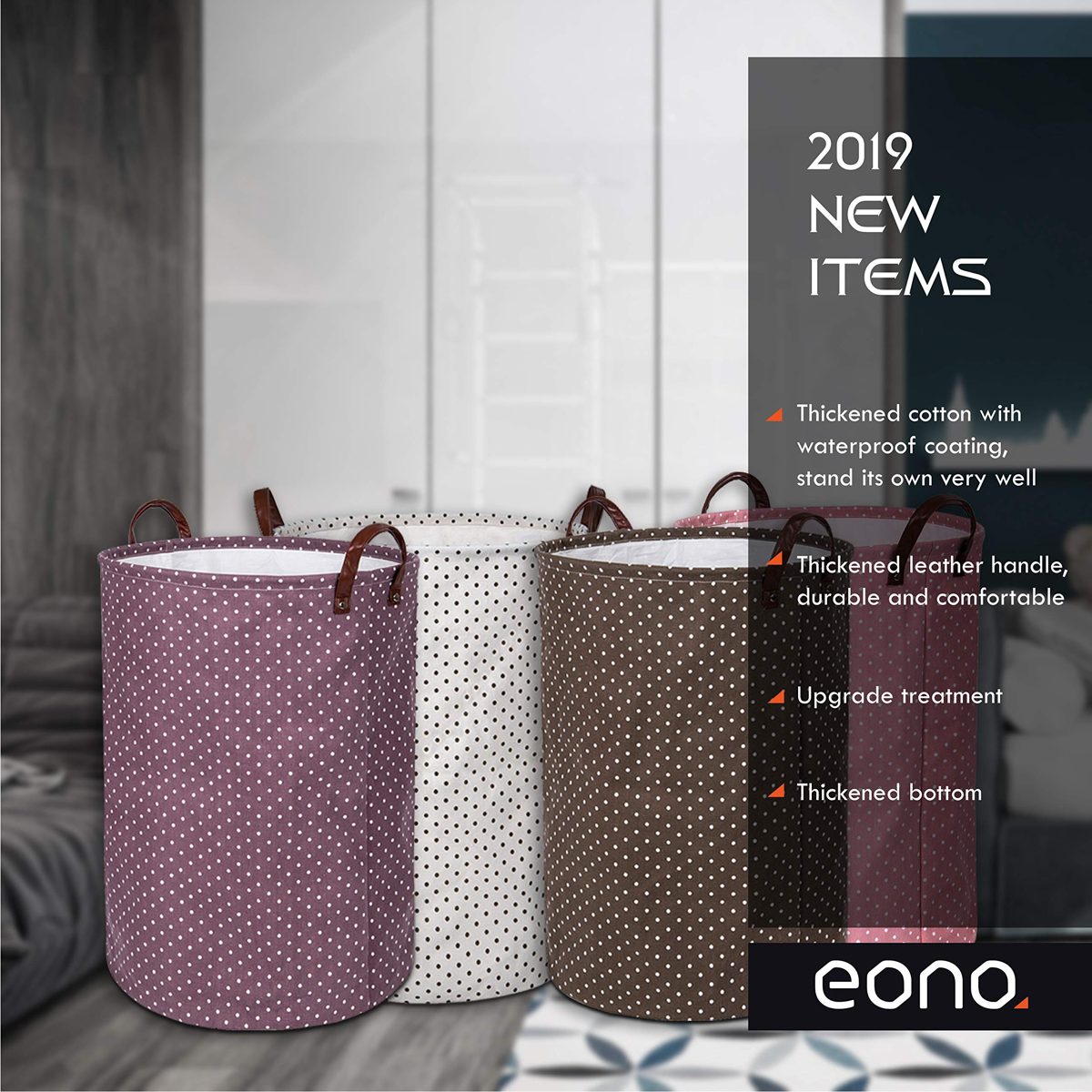 Eono Amazon Brand 19-Inches Thickened Large Laundry Basket with Durable Leather Handle, Drawstring Waterproof Round Cotton Linen Collapsible Storage Basket (Brown, L)