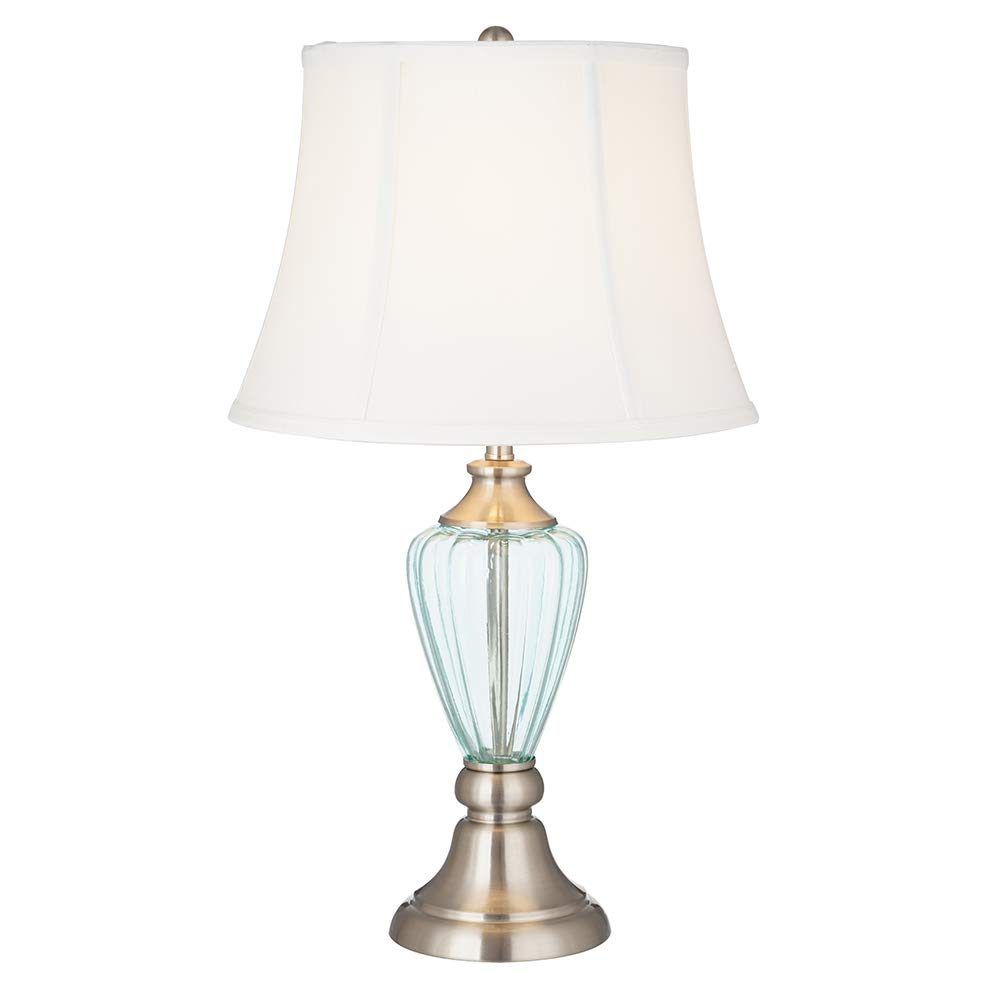 Amazon Brand – Ravenna Home Curved Glass Living Room Table Lamp with LED Light Bulb - 24.25 Inches, Brushed Nickel With Blue Glass