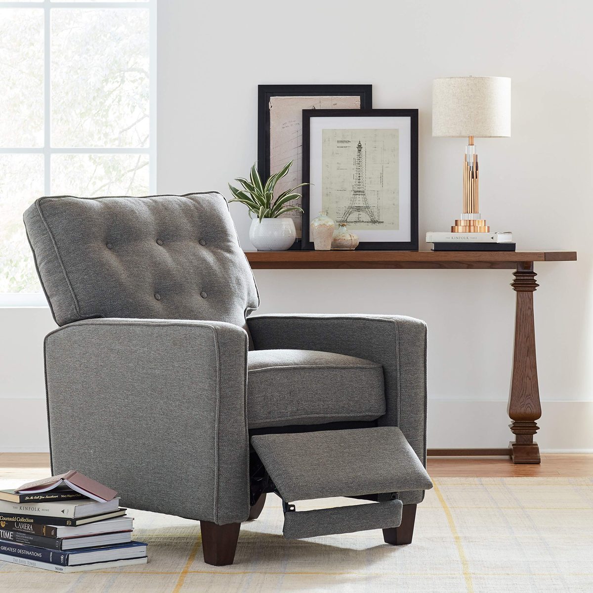 Amazon Brand – Stone & Beam Canfield Modern Reclining Tufted Arm Chair, 30.3"W, Light Grey