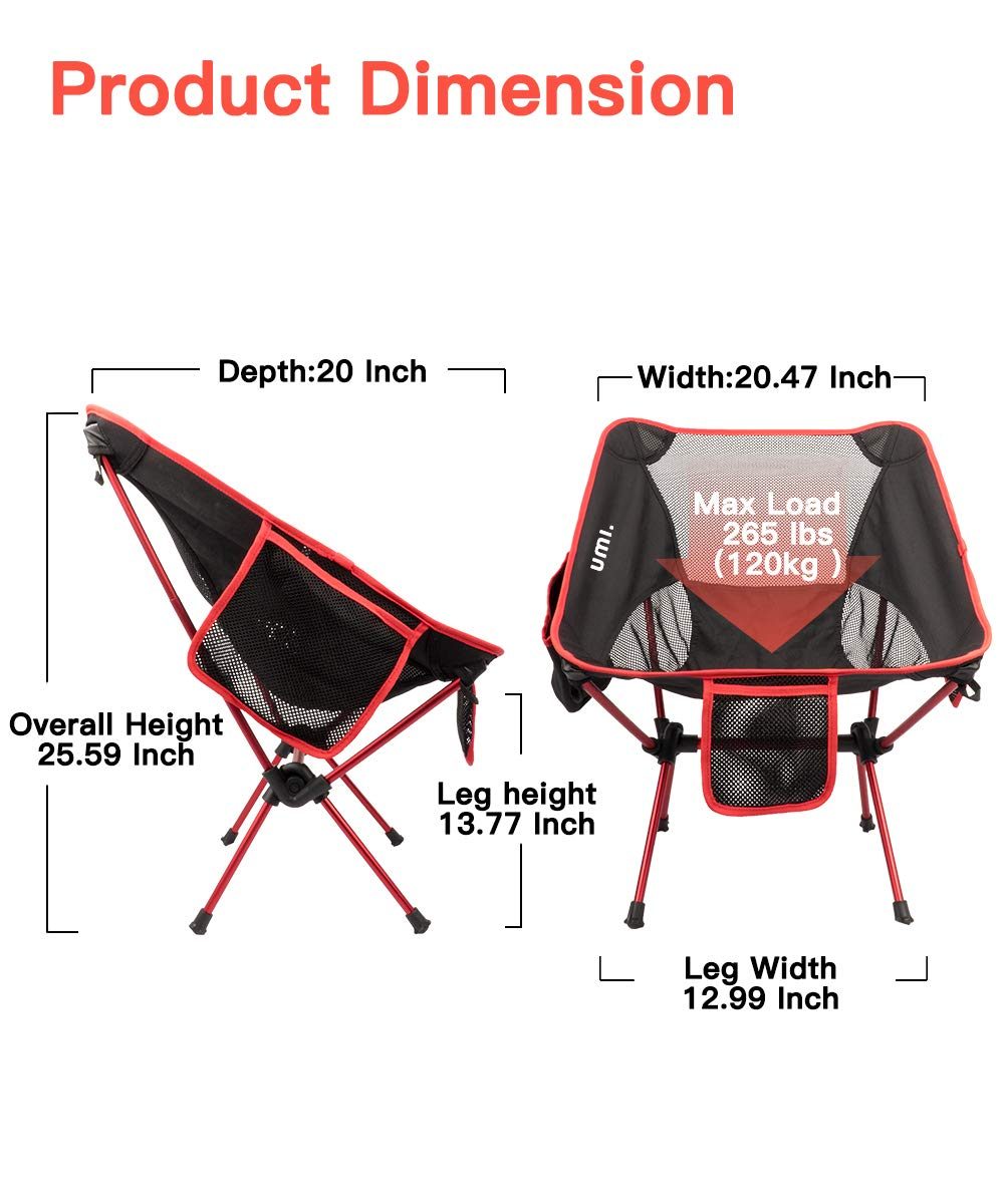 UMI. Essentials Portable Camping Chair Compact Ultralight Folding Chair with Carry Bag for Hiking, Beach,Fishing,Outdoor Heavy Duty 265 lb Capacity Red