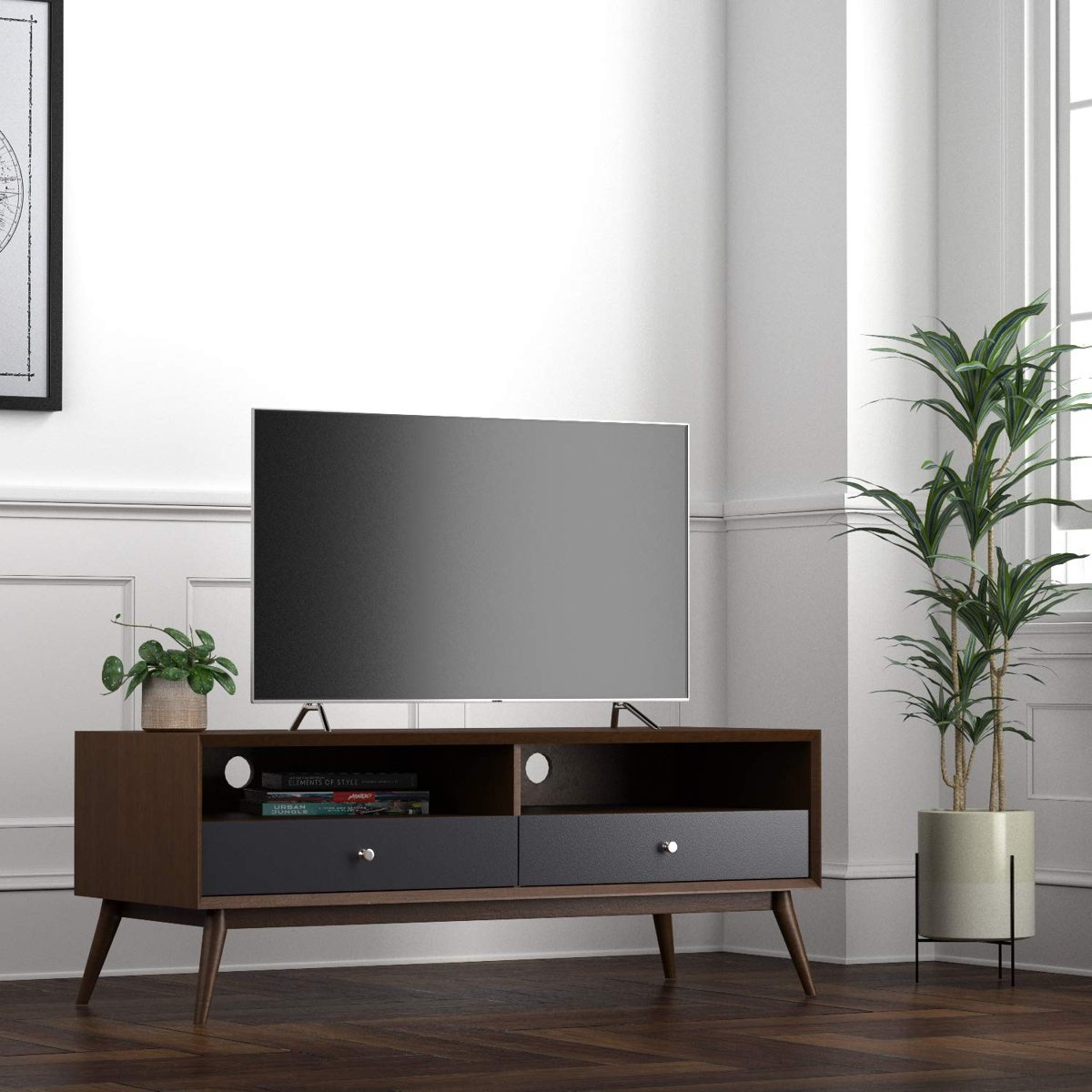 Amazon Brand – Rivet Mid-Century Modern Wood Media TV Console Coffee Table, 47"D, Walnut &amp; Black