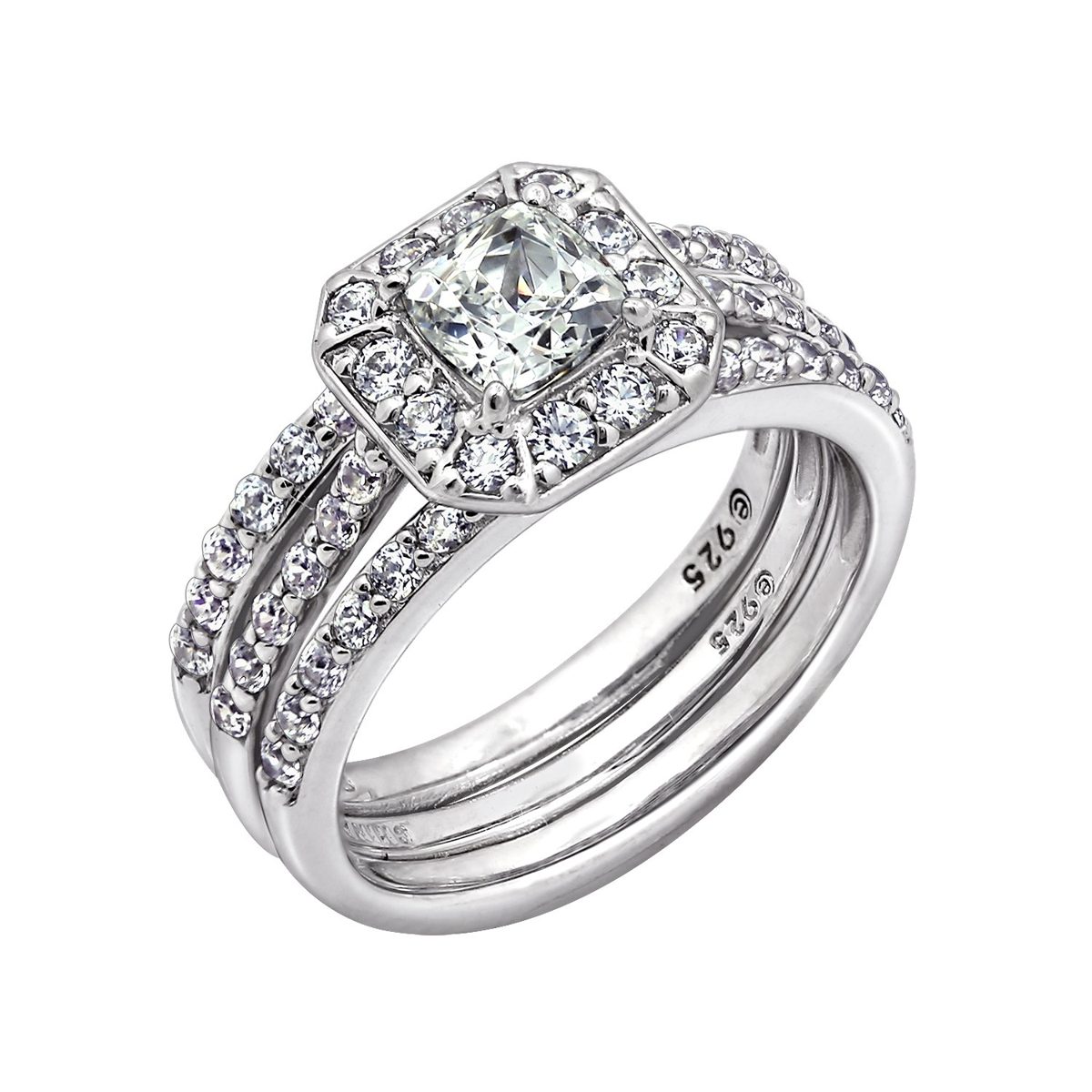 [Amazon Collection] Amazon Collection Rhodium Plated Sterling Silver Clear Ascar & Round Cut Cubic Zirconia Insert Ring Set, Size 11