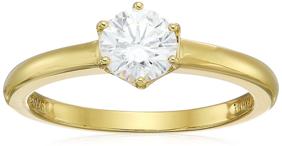 Yellow-Gold-Plated Sterling Silver Swarovski Zirconia Round Solitaire Ring, Size 6