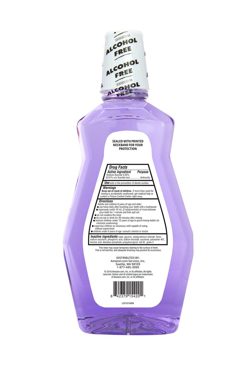 Amazon Brand - Solimo Anticavity Fluoride Mouthwash, Violet Mint, Alcohol Free, 1 Liters (Pack of 4)