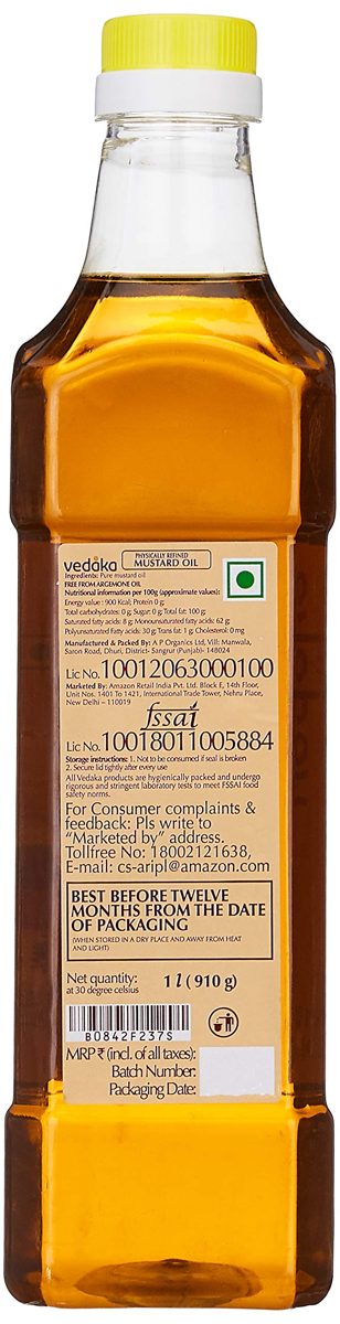 Amazon Brand - Vedaka Mustard Oil Bottle, 1L