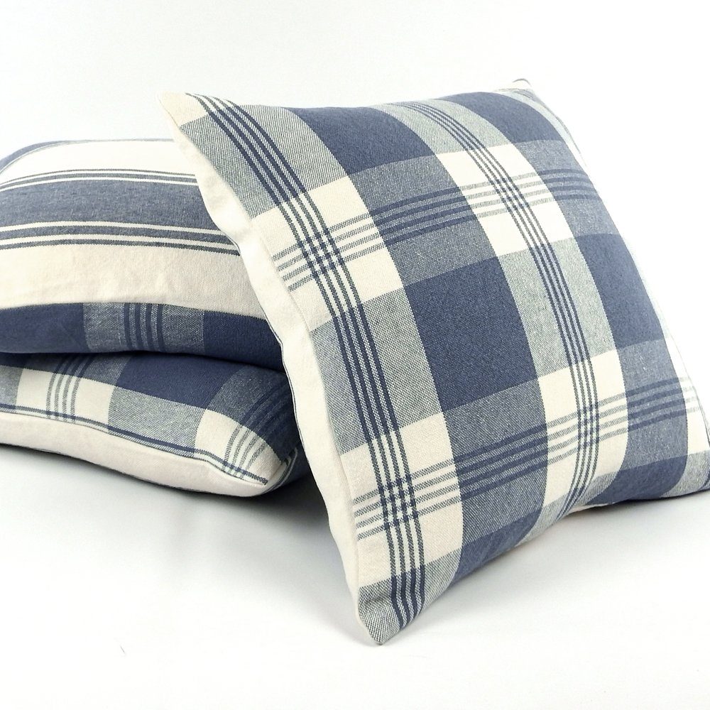 Chloe & Olive French Bistro Blue Collection Stripe and Plaid Reversible Pillow Cover, 18-Inch, Blue and Cream