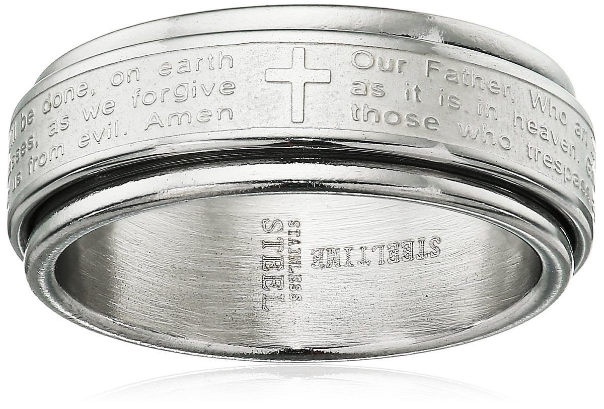 Steeltime Men's Stainless Steel Our Father Prayer Spinner Band Ring, Size 9