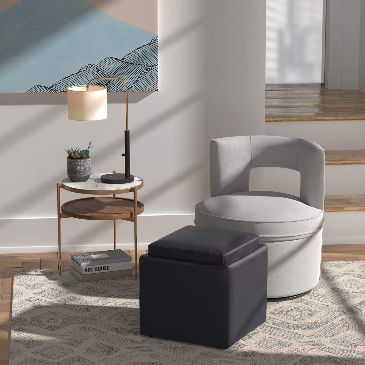 Amazon Brand – Rivet Ross Modern Vegan Faux Leather Lift-Top Storage Ottoman Pouf, 17.7"W, Black