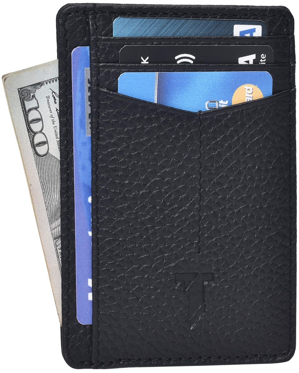 Leather Wallets Slim Wallets for Men with RFID - Travel Wallet Wallets for Men RFID Blocking Front Pocket Wallet (Black Pebble)