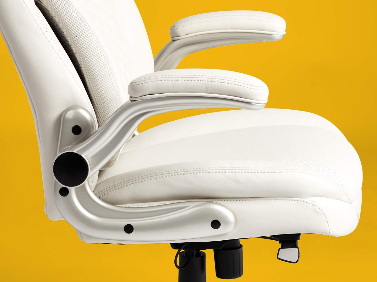 AmazonCommercial Ergonomic High-Back Rhombus-Stitched Leather Executive Chair, with Flip-up Armrests and Motive Lumbar Support, Cream/Ivory