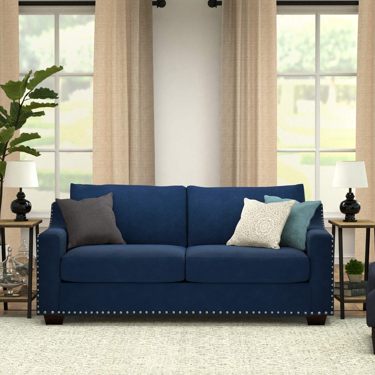 Amazon Brand – Ravenna Home Mayes Sloped Nailhead Sofa, 87"W, Indigo
