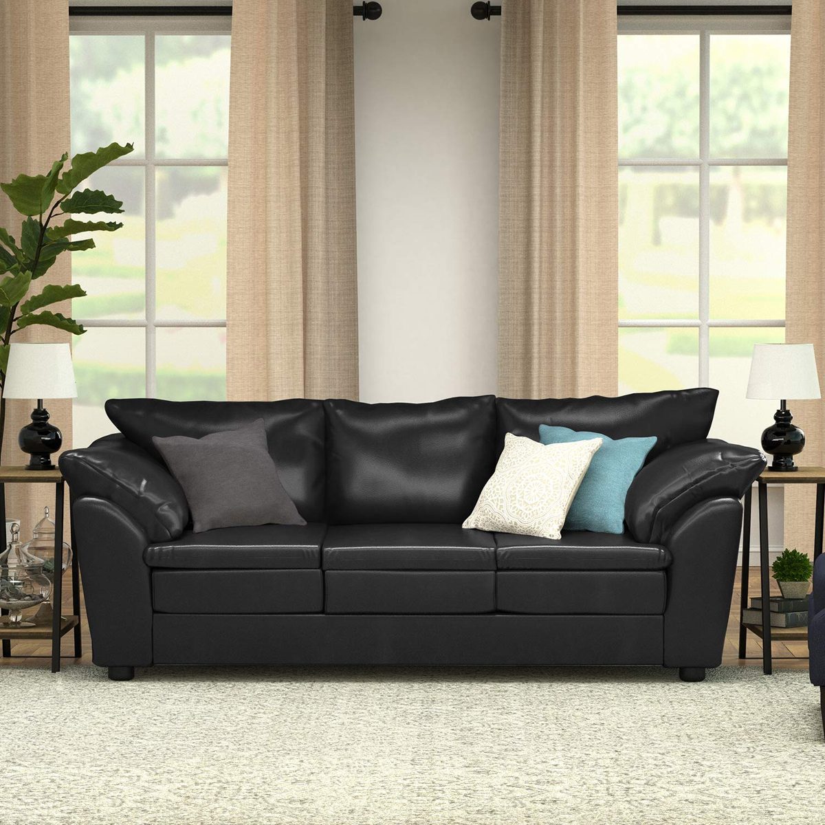 Amazon Brand – Ravenna Home Darian Oversized Pillow Faux Leather Sofa, 92"W, Black