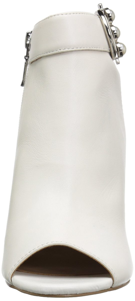 Amazon Brand - The Fix Women's Giana Open Toe Bootie with Pearl Buckle, bright white leather, 6.5 B US