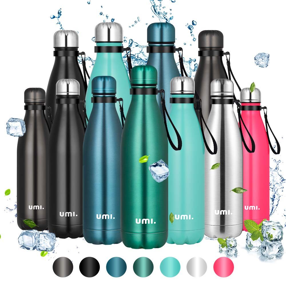 UMI. by Amazon Water Bottle in Stainless Steel / 750 ml or 500 ml / Vacuum Insulated Thermos Bottle / BPA-Free / Leak-Proof / Water Bottle for Sports, Outdoors, Office or School, 500ml, dark green