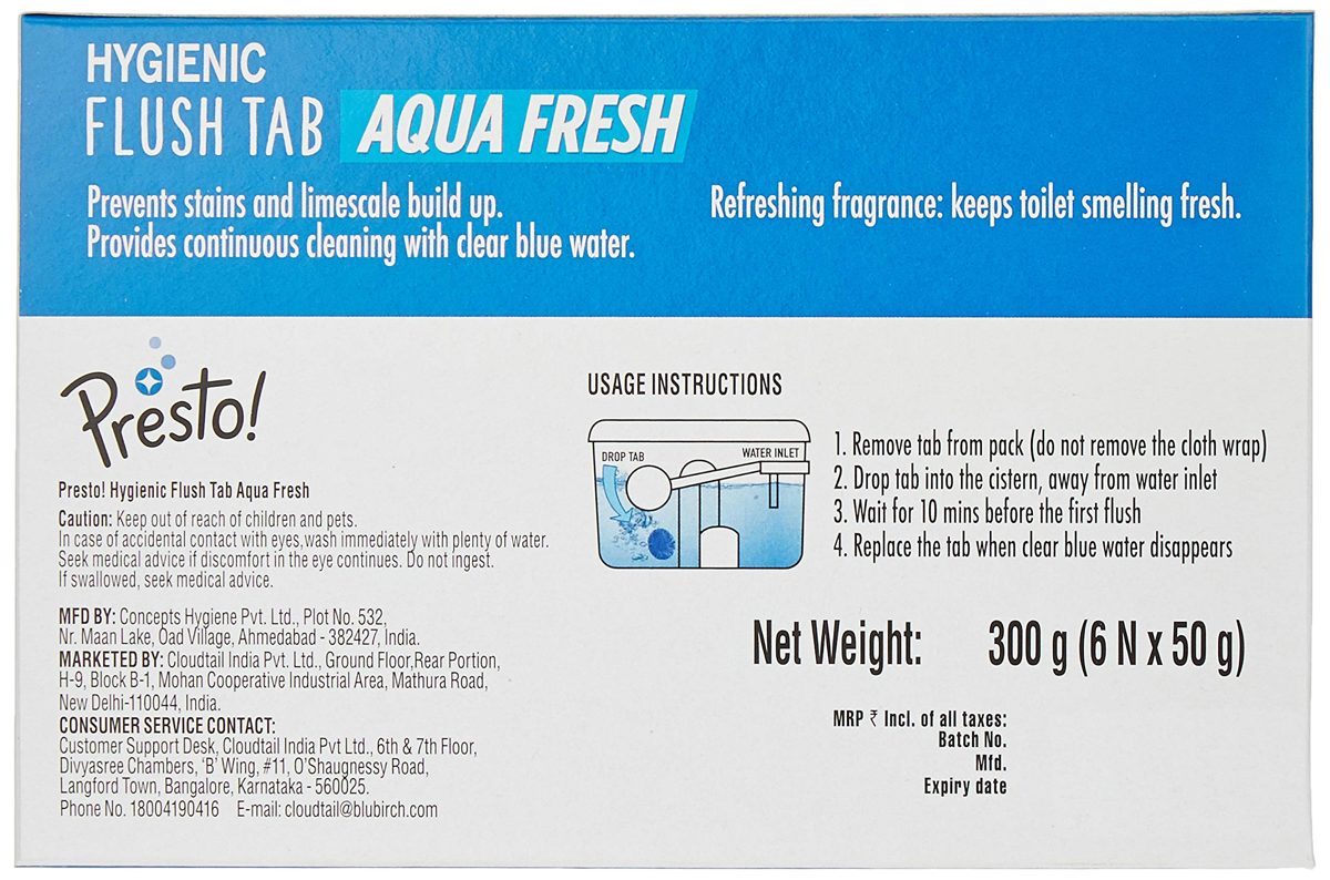 Amazon Brand - Presto! Hygienic Flush Tabs, Aqua Fresh - 50 g (Pack of 6)