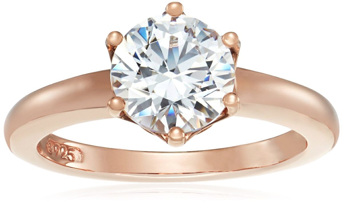 Rose Gold-Plated Sterling Silver Swarovski Zirconia Round Solitaire Ring, Size 7