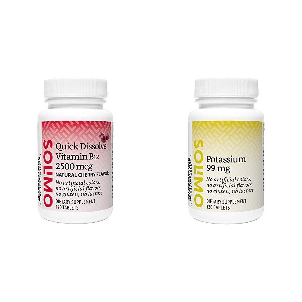 Amazon Brand - Solimo Quick Dissolve Vitamin B12 2500 mcg, Cherry Flavor, 120 Tablets, Four Month Supply & Solimo Potassium 99 mg, 120 Caplets, Four Month Supply (Packaging May Vary)